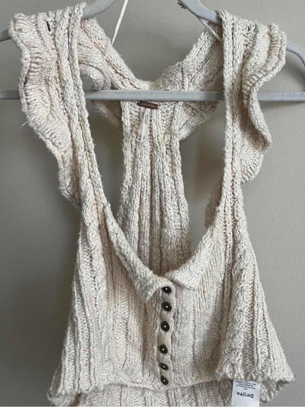 Free People Cream Cable-Knit Tank with Button Accent